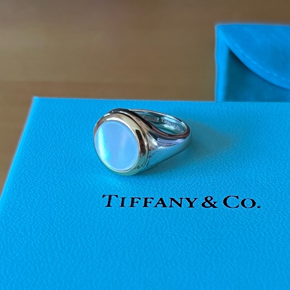 SOLD NIB Rare Tiffany & Co. Sterling Silver & 18K YG Mother of Pearl Signet Ring
